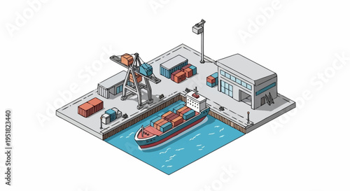 Isometric view of a busy shipping port with a container ship being loaded by cranes and surrounded by cargo containers and buildings.