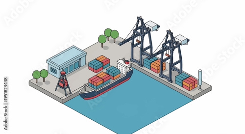 Isometric illustration of a busy container port with cranes loading and unloading cargo ships.