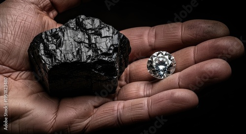 Hand holding coal and diamond contrasting concepts of value and substance