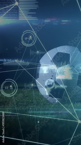 Vertical video: digital HUD pulsing as feed starts showing sports analytics, soccer ball receding