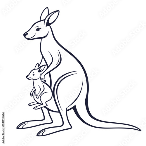 Cute mother kangaroo with baby joey in pouch line art illustration