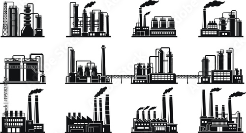 industrial factory icons set, oil refinery plants, manufacturing facilities, power plant silhouettes, petrochemical industry, heavy industry buildings, black vector collection, isolated illustration