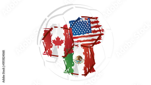 Abstract soccer ball sport icon label banner with Canada USA Mexico national flag ribbon on white background