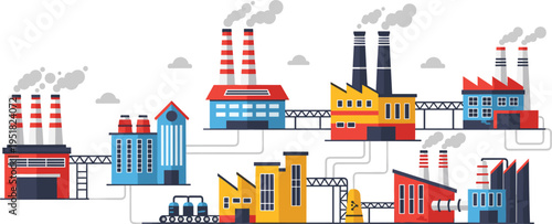 Industrial factory landscape illustration, manufacturing plants with smokestacks pipelines and warehouses, modern industry infrastructure, colorful flat vector production facilities panorama