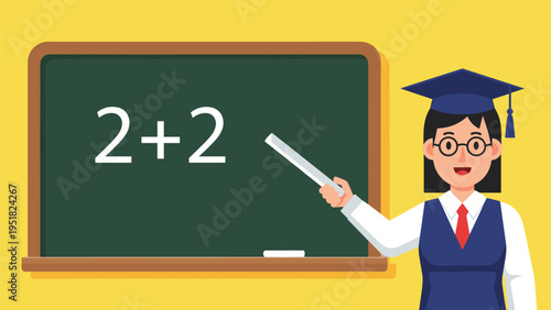 Smiling female teacher wearing a graduation cap points toward a simple math equation written on a green chalkboard in class.