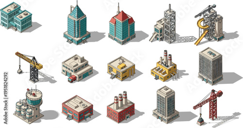 Isometric industrial buildings and construction infrastructure set with factories, cranes, warehouses, power plants, and urban architecture elements for city building vector illustration