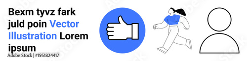 Social media, online communication, profile creation, user interaction, approval concepts, positive feedback. Thumbs-up icon, avatar walking person and text elements. Social media and online