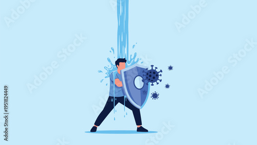 Brave man uses a large shield to protect himself from floating virus particles while standing under a strong stream of water.