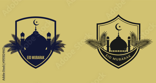 Eid mubarak mosque silhouette inside shield emblem with palm leaves