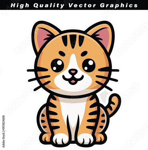 Adorable cartoon orange tabby kitten with expressive big eyes sits patiently against a stark white background for easy graphic design integration.