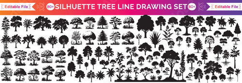 silhouette tree line drawing set, Side view, set of graphics trees elements outline symbol for architecture and landscape design drawing. Vector illustration in stroke fill in white. Tropical