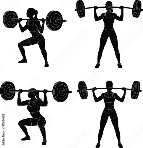 Female weightlifting silhouette vector set, woman lifting barbell for gym fitness, strength and cross training