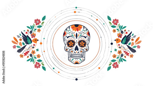Vibrant sugar skull decorated with flowers and traditional patterns is flanked by two colorful birds in a symmetrical composition.