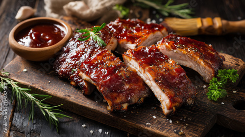 Roasted pork ribs in bbq sauce on a cutting board 