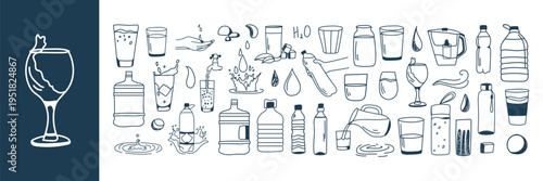 Water Vector Set. Hand Drawn Bottles, Glasses, Drops, Splashes and Hydration Sketch Collection. H2O Line Art Icons.