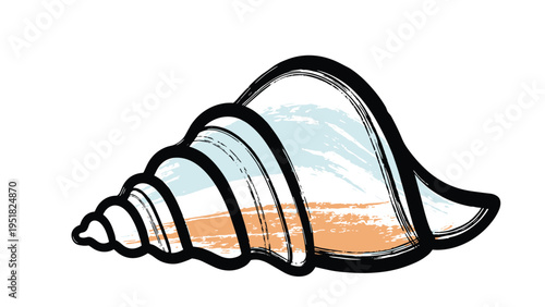 Snail shell with textured orange and blue gradients is presented in a bold black outline for a modern and artistic marine illustration.