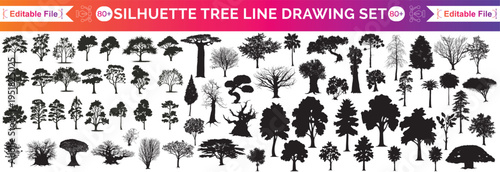 silhouette tree line drawing set, Side view, set of graphics trees elements outline symbol for architecture and landscape design drawing. Vector illustration in stroke fill in white. Tropical