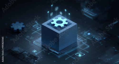 a blue cube with gears on it is floating in the air, surrounded by digital lines and data points, symbolizing ai technology.