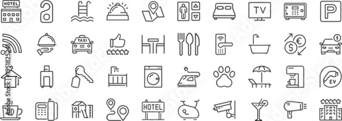 Hotel and Hospitality Service Line Icons Set Featuring Travel Amenities, Room Facilities, Vacation Essentials, Tourism Symbols, and Guest Accommodation Vector Graphics.