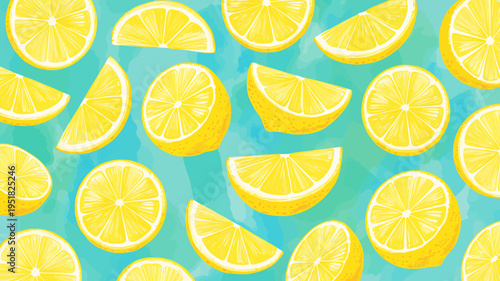 Yellow lemon slices on a colorful turquoise background pattern