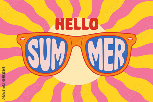 Colorful illustration of sunglasses with hello summer text on lenses