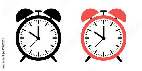 Two alarm clocks with white face and black hands on white background