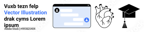 Education, communication, health, anatomy, technology, academic achievement. A chat interface, detailed heart diagram and graduation cap icon with accompanying placeholder text. Education