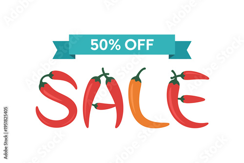 Chili peppers forming sale text with fifty percent off banner on white background
