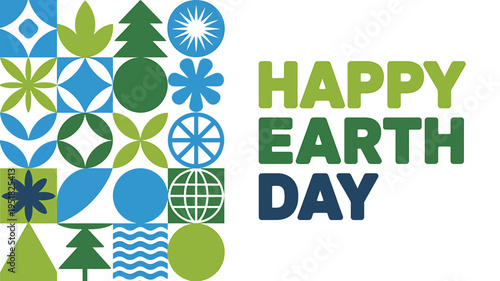 Happy Earth Day celebration with green blue eco friendly symbols and text