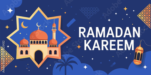 Ramadan Kareem greeting card with mosque and lantern on starry night background