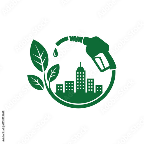 Green fuel nozzle with leaf and cityscape in circular design