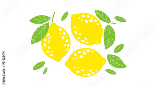 Three yellow lemons with green leaves isolated on transparent background