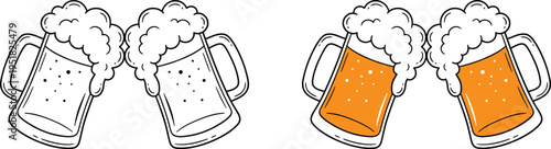 Two pairs of beer mugs with foamy beer on pure white background
