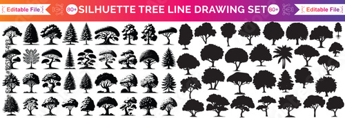 silhouette tree line drawing set, Side view, set of graphics trees elements outline symbol for architecture and landscape design drawing. Vector illustration in stroke fill in white. Tropical