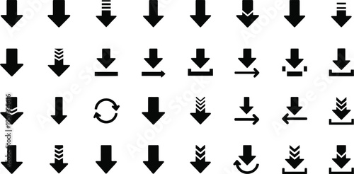 arrow icon set . including Download, Arrow Down, Save, Import, Upload, Sync, Refresh, Transfer, Install, Export vector silhouette illustration.