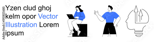 Creativity, innovation, teamwork, digital work, collaboration, brainstorming. A woman working on a laptop and a man gesturing. Creativity and innovation concepts with an abstract head design