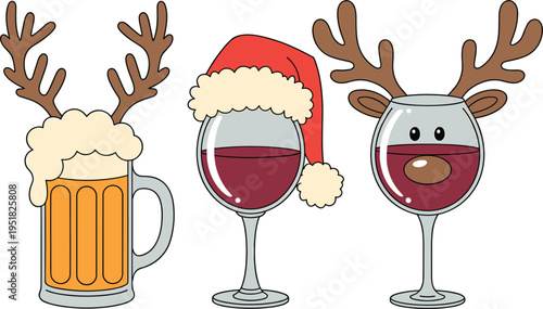Christmas alcohol vector set, cartoon beer and wine glasses with santa hat and reindeer antlers