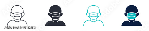 Medical mask icons, person wearing face mask symbol, healthcare protection icon in line and silhouette style, vector illustration