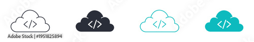 Cloud programming icons, cloud with coding symbol, cloud coding network technology icon in line and silhouette style, vector illustration
