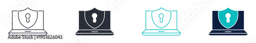 Cyber security laptop icons, laptop with shield protection icon, data security technology icon in line and silhouette style, vector illustration