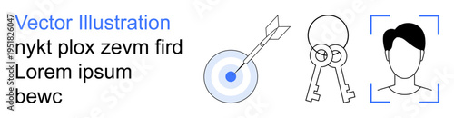 Security, targeting, identity verification, goals achievement, privacy protection, personal identification. Target with arrow, two keys and a face in focus. Security and targeting concept