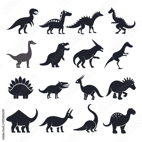 Assorted dinosaur silhouette vector set on white background