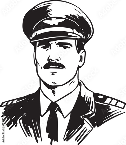 Hand Drawn Male Pilot Black and White Avatar Illustration in Minimal Line Art Style Design
