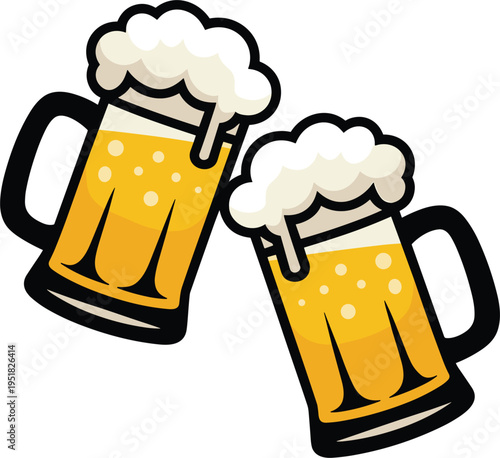 Beer mug vector illustration, two glasses of lager with foam for bar and pub menu design