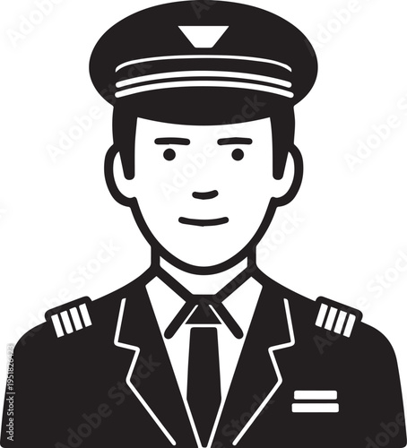 Hand Drawn Male Pilot Black and White Avatar Illustration in Minimal Line Art Style Design