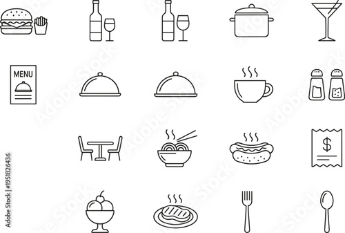 Food dining icons, restaurant service silhouettes, culinary illustration set, menu design symbols, beverage graphic outline, kitchen utensil figures, meal representation collection