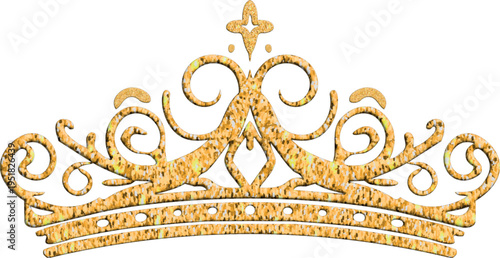 An ornate decorative tiara rendered in rich gold glitter with intricate swirling filigree details