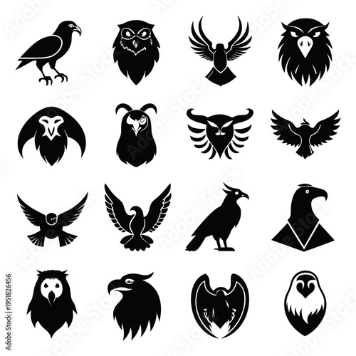 Black and white raptor and owl silhouette logo collection