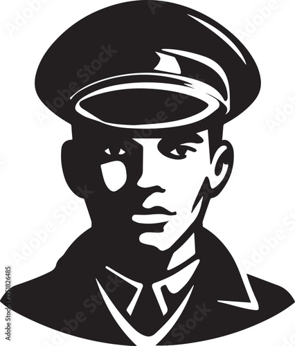 Hand Drawn Male Pilot Black and White Avatar Illustration in Minimal Line Art Style Design