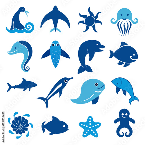 Blue nautical icons collection for marine design projects
